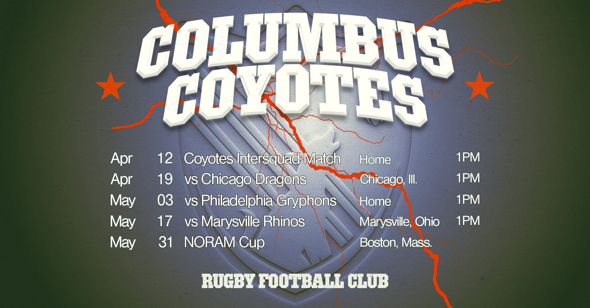 Graphic of Columbus Coyotes' Spring 2025 Match Schedule